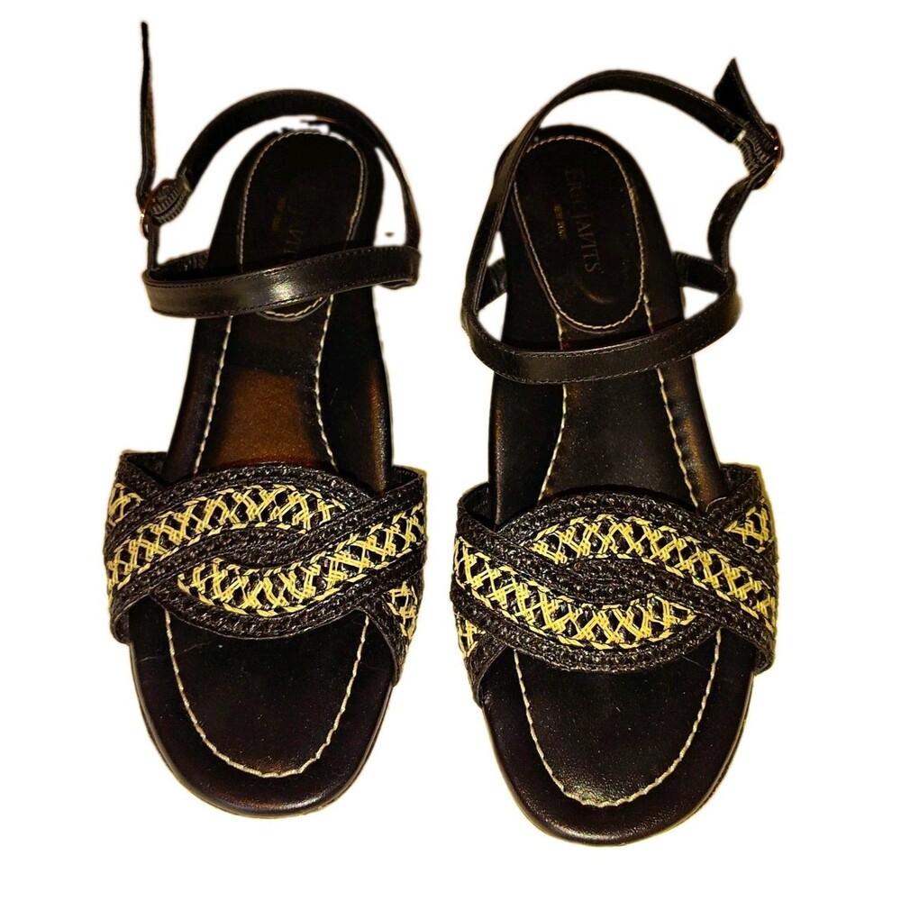 Eric Javits Black/Beige Woven Strappy Ankle Strap Open Toe Block Heel 9M